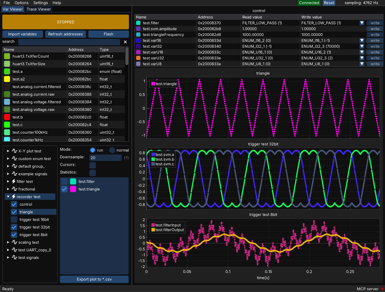 MCUViewer's Var Viewer showing a triangle wave, two triggered plots, a live variable list, and recorder configuration controls